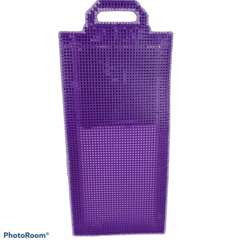 Vtg Plastic Canvas Purple Bear Hanging Note Holder Yarn Embroidery Kawaii Mail